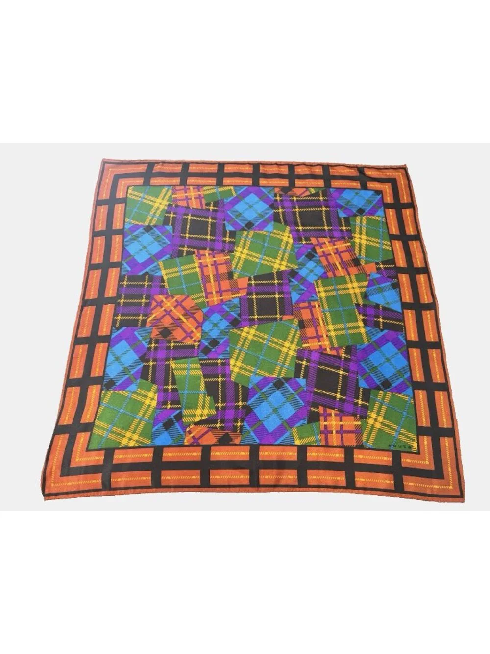VTG Acute Scarf, Korea, 1980's, Vibrant Multi-Colored Patchwork Plaid 30